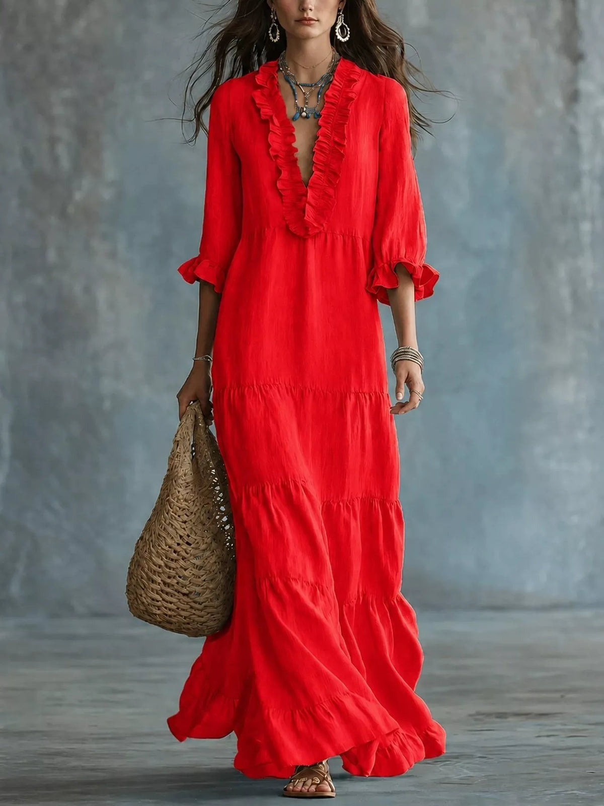 Trendsi Ruffled V-Neck Tiered Maxi Dress -