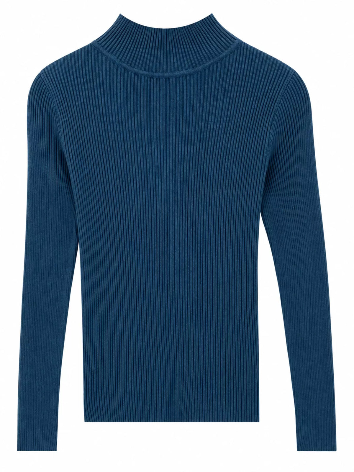 Navy ribbed mock neck long sleeve knit top