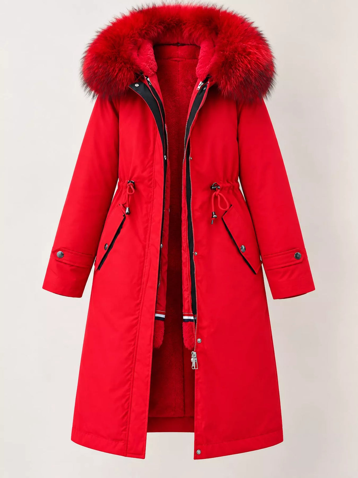 Faux-fur-trim parka, red hanging front