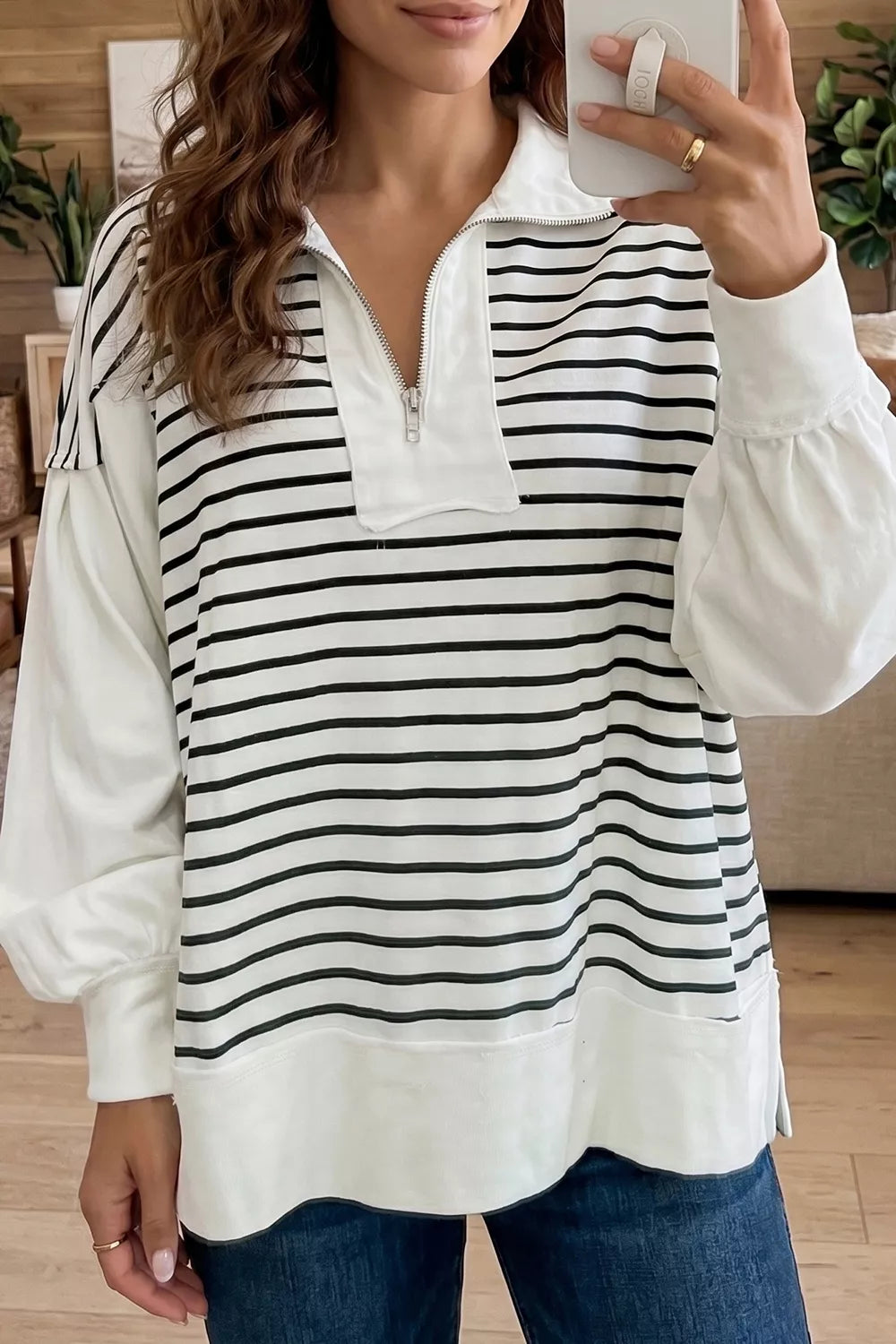 Trendsi Stripe Color Block Long Puff Sleeve Metal Zip-Up Collar Top -