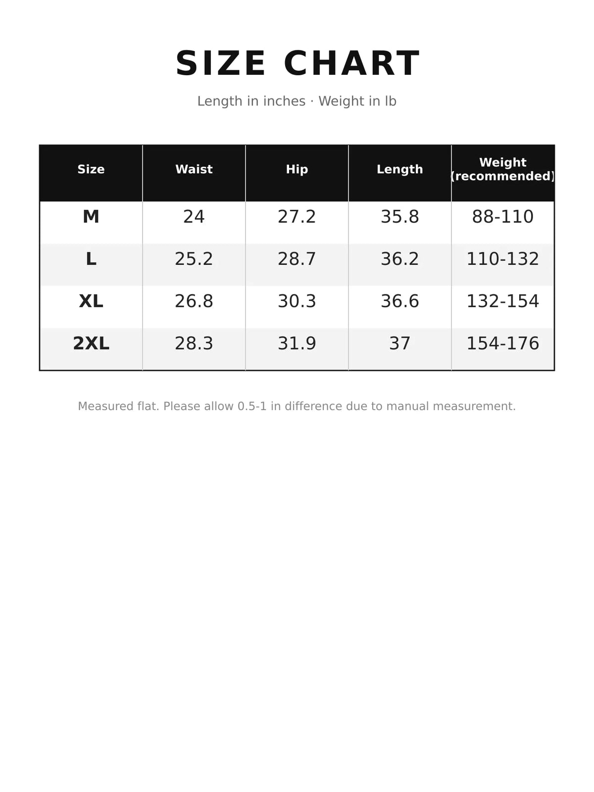 Size chart for high-waisted fleece-lined stirrup leggings