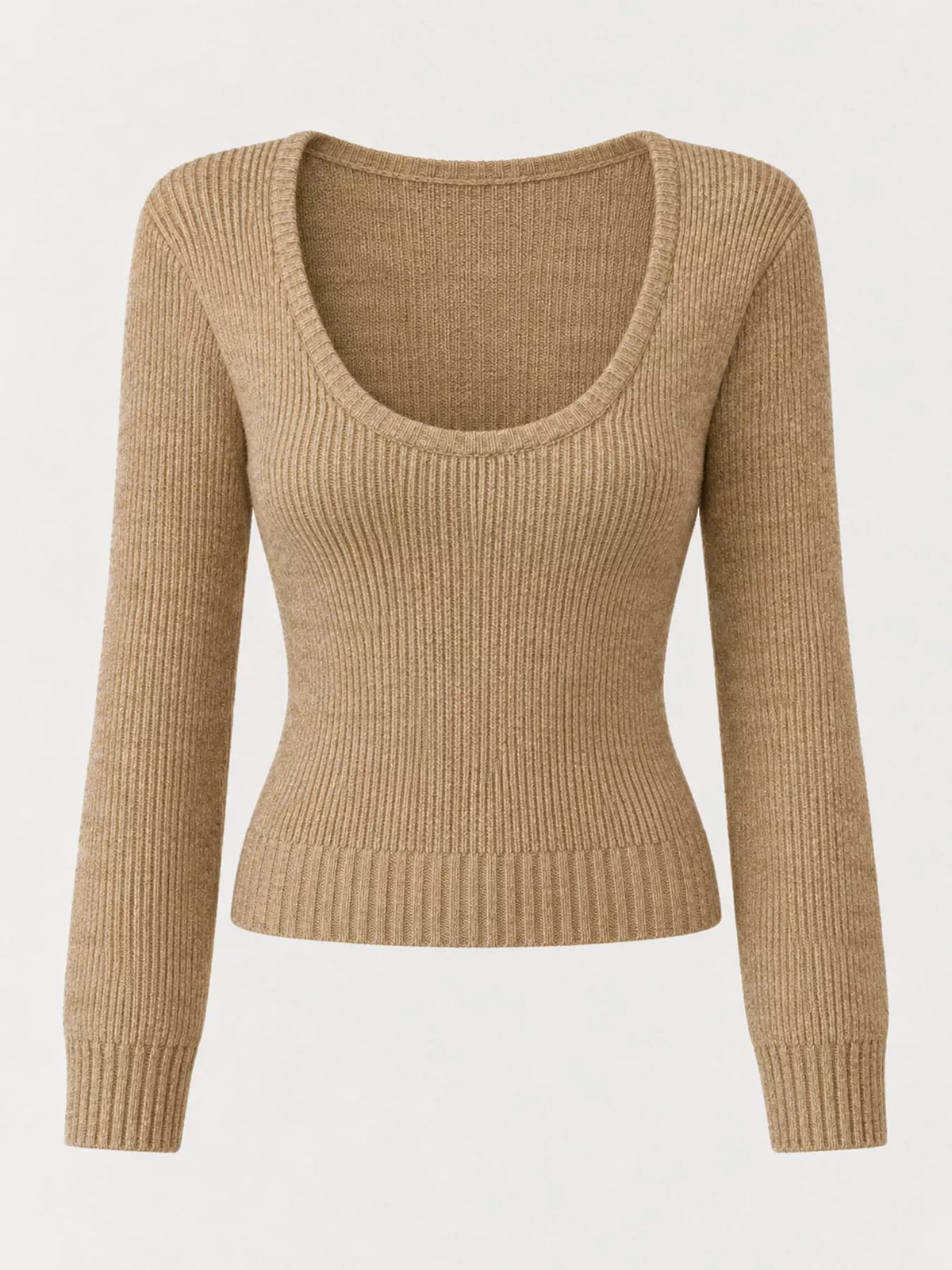 Tan scoop neck ribbed knit slim fit sweater, front view