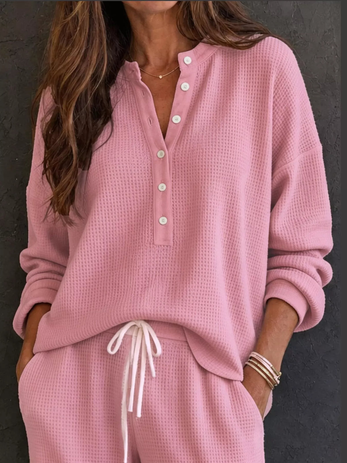 Pink waffle knit button detail top and pants set