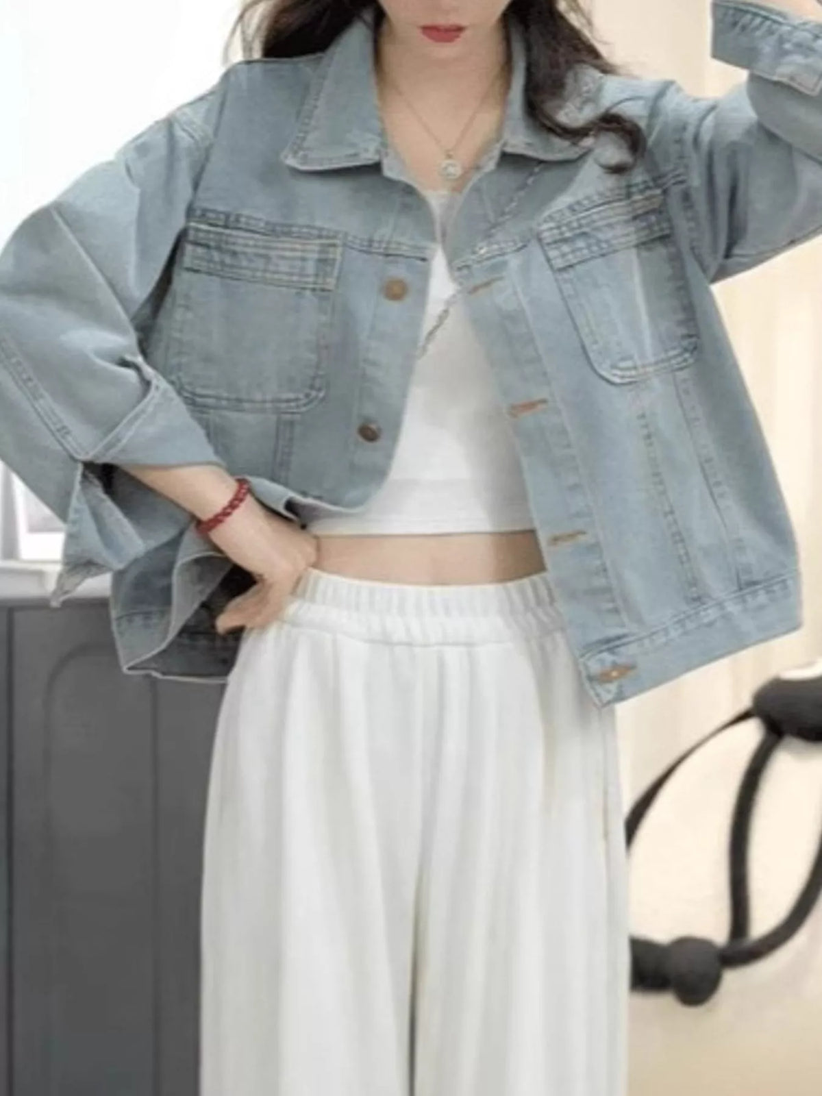 Button-Up Dropped Shoulder Denim Jacket — front view