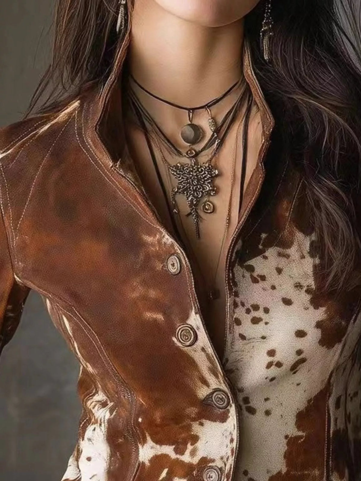 Brown Cow Print Button-Up Jacket detail view