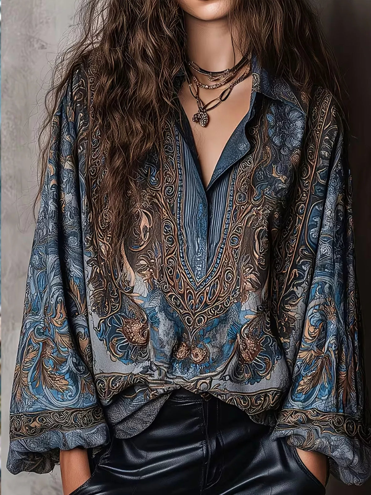 Navy printed blouse, front view