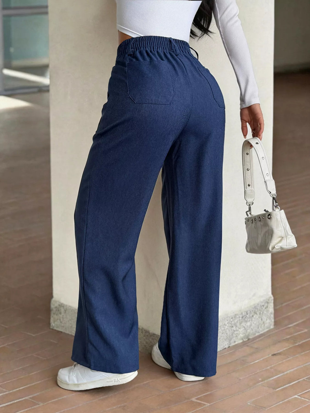High-Waisted Wide-Leg Pants with Button Detail, back view