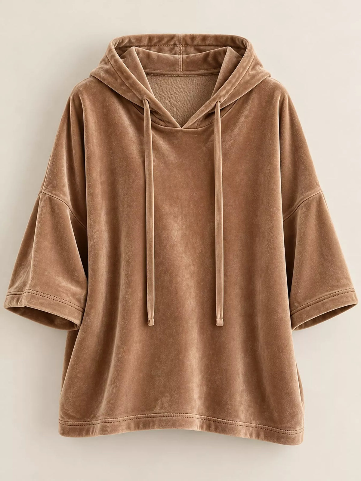 Brown velvet half sleeve hoodie with drawstring