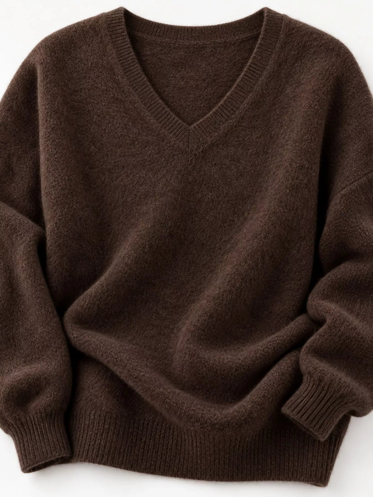 Brown v-neck sweater, flat front view showing V-neckline, ribbed cuffs, and hem