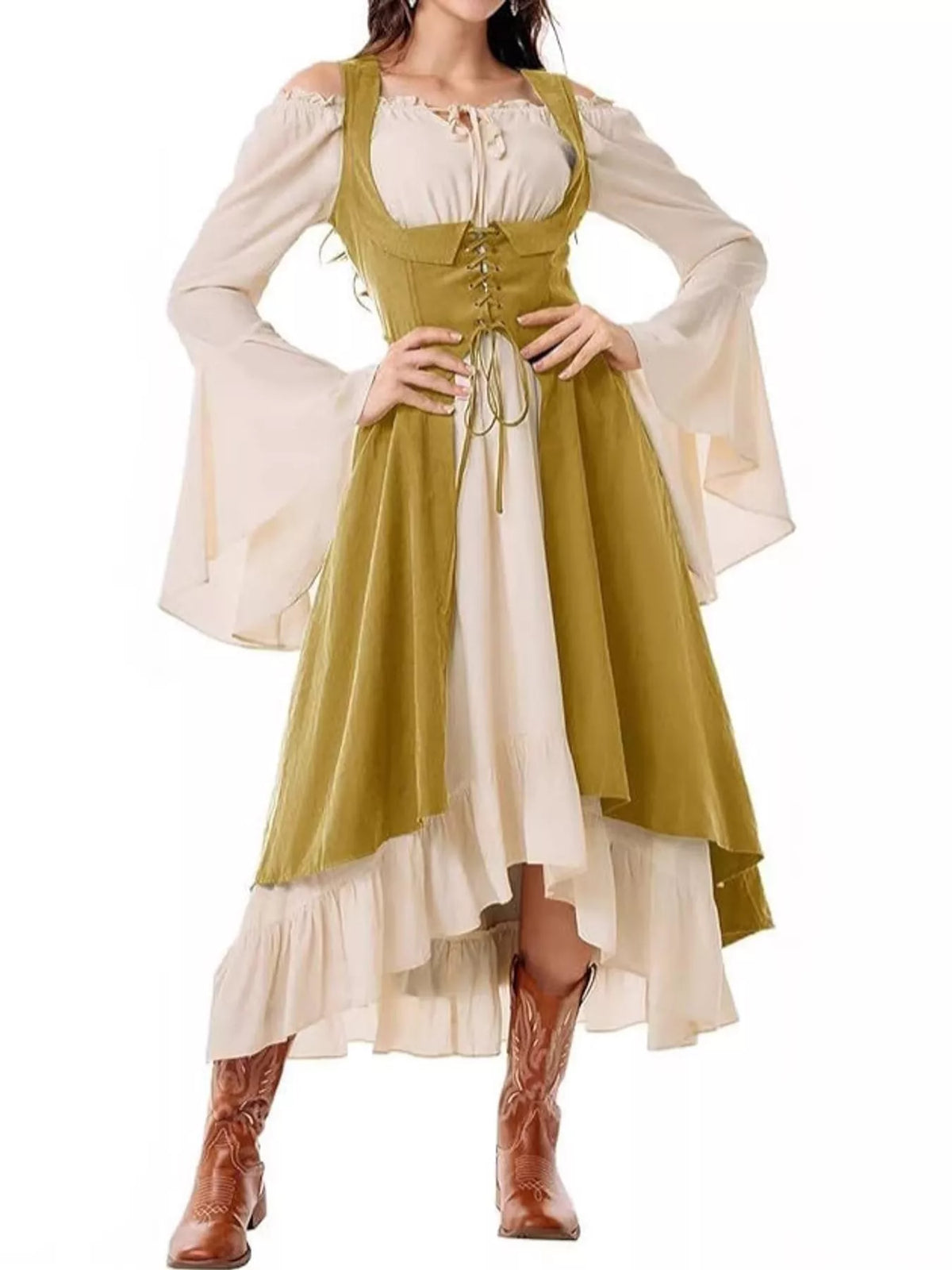 Mustard corset style lace-up bell sleeve dress — front view