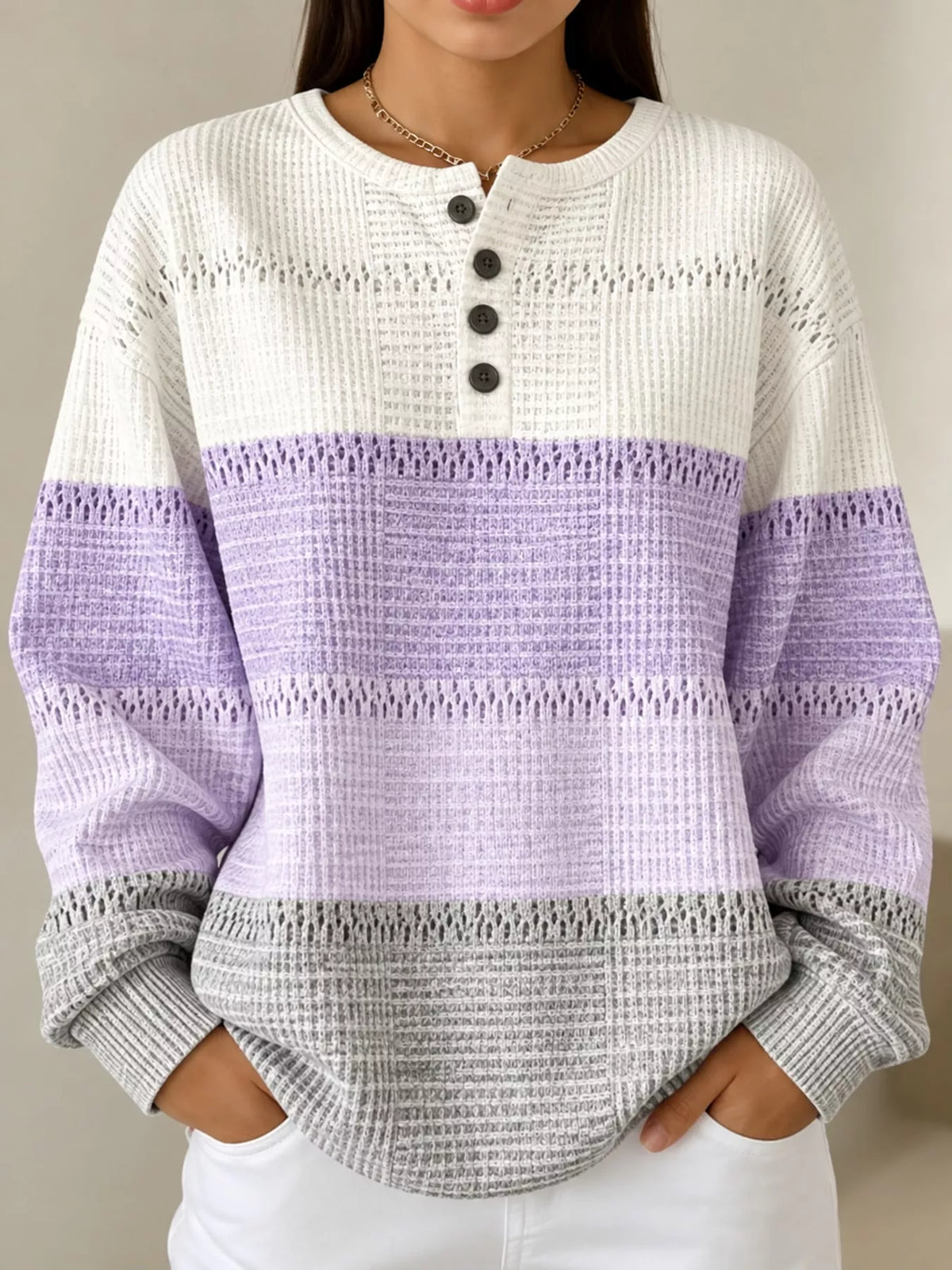 White, purple and gray color block button neck knit sweater, front view