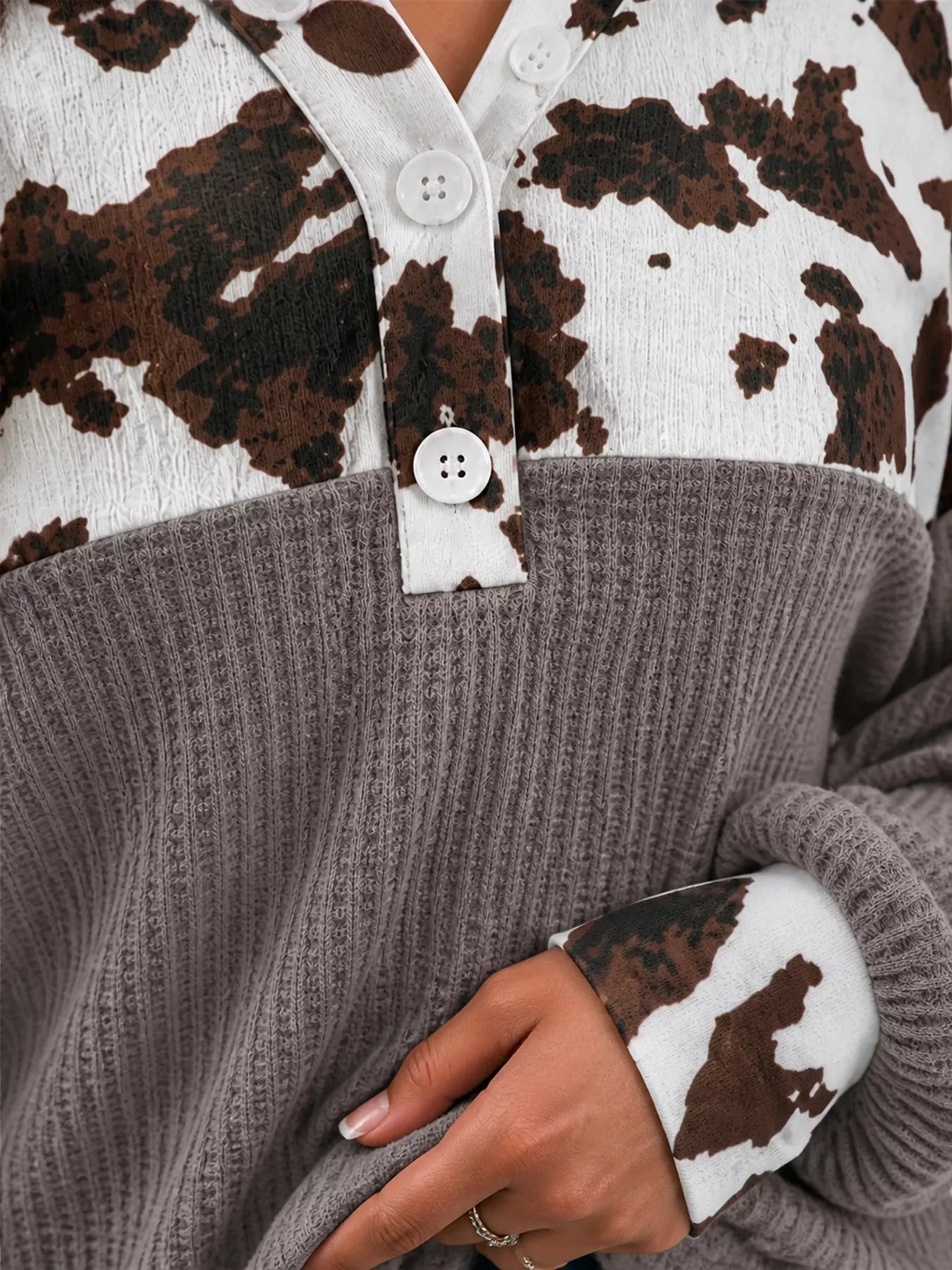 Trendsi Cow Print Color Block Waffle Knit Blouse -