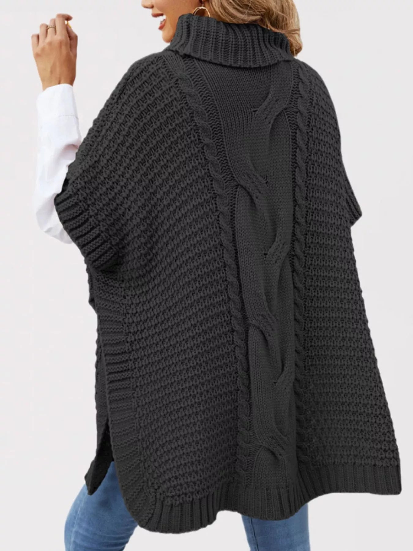 Trendsi Turtleneck Cable-Knit Short Sleeve Oversized Sweater -