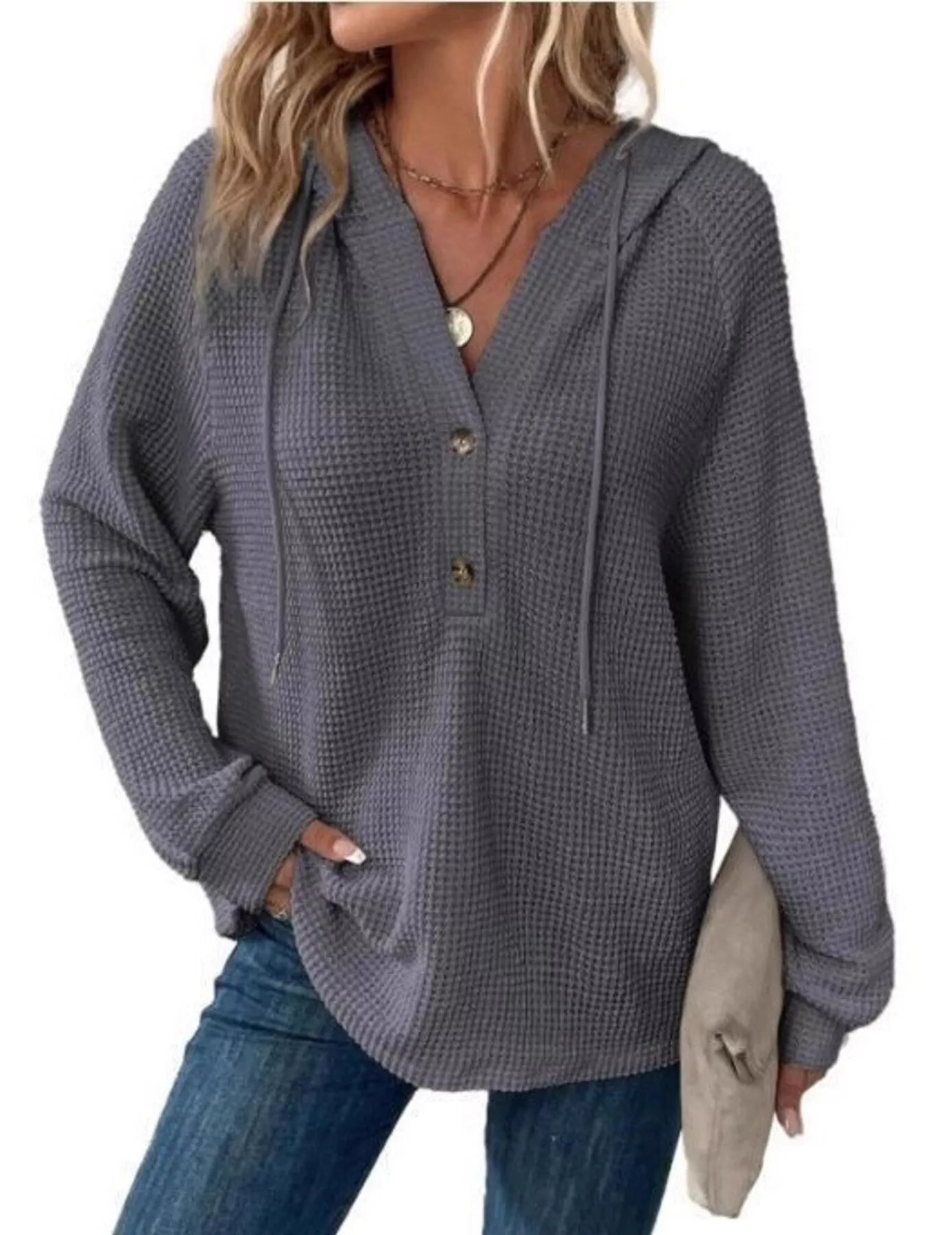 Trendsi Full Size Waffle Knit Half-Button Hoodie Plus Size -
