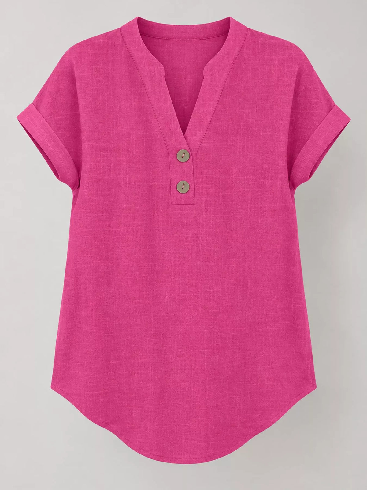 Fuchsia button detail short sleeve blouse, front view