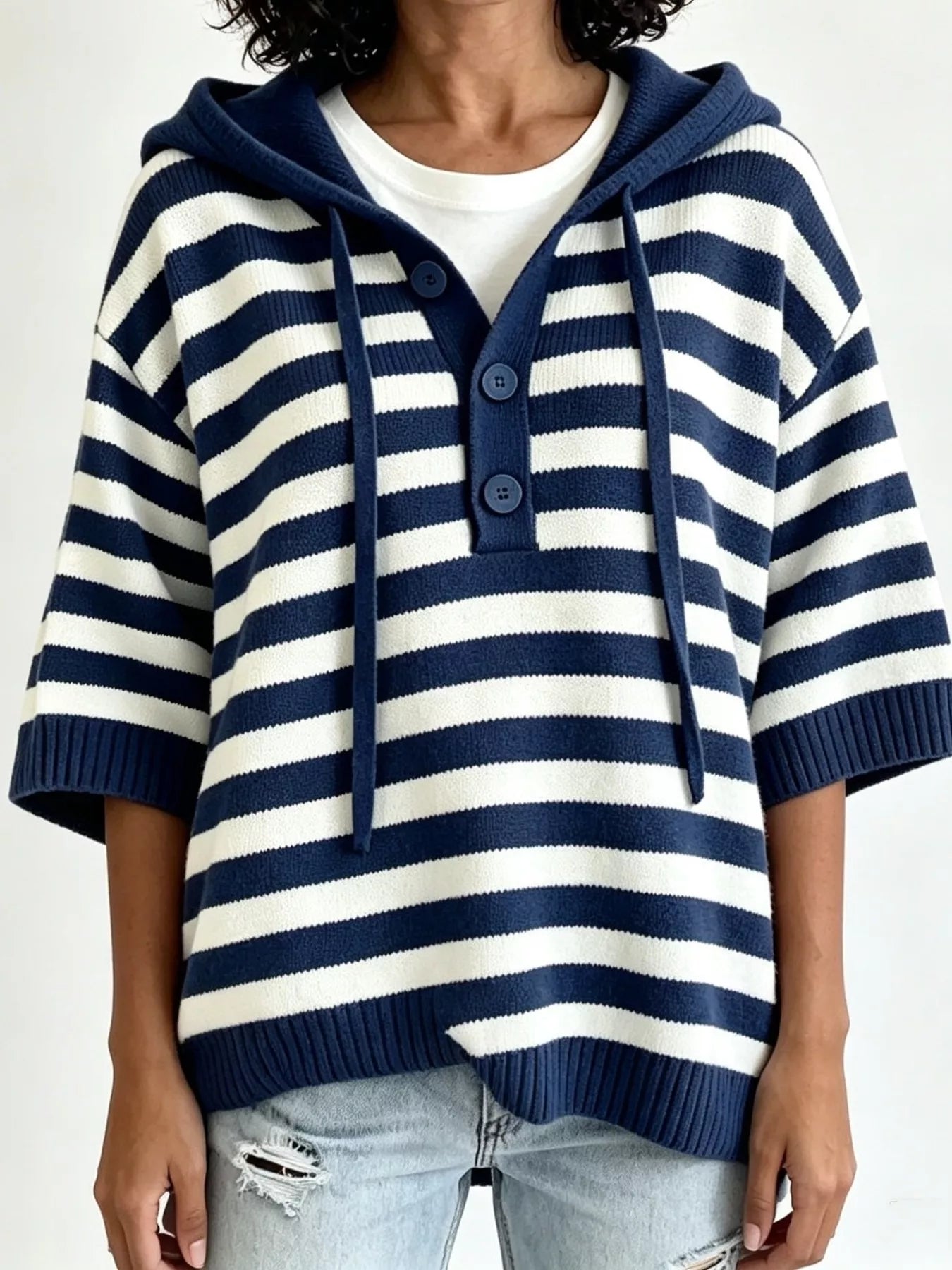 Trendsi Striped Hooded Sweater with Button Detail -