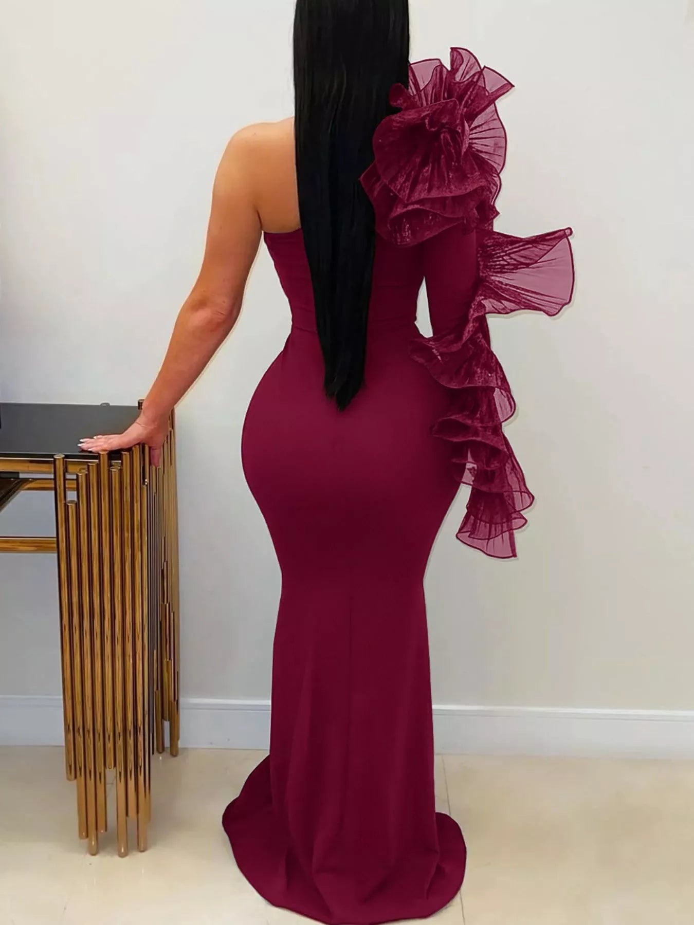 Trendsi One-Shoulder Ruffled Mermaid Evening Maxi Dress -
