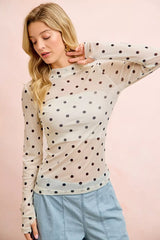 Trendsi BiBi High Neck Line Polka Dots Mesh Top With Thumb Open -