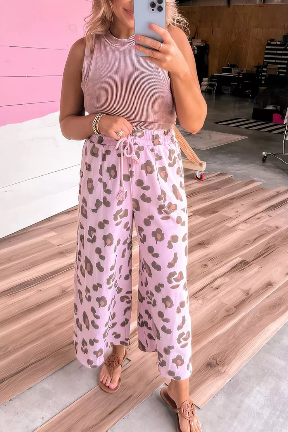Trendsi Drawstring Leopard Print Patch Pocket Loose Pants -