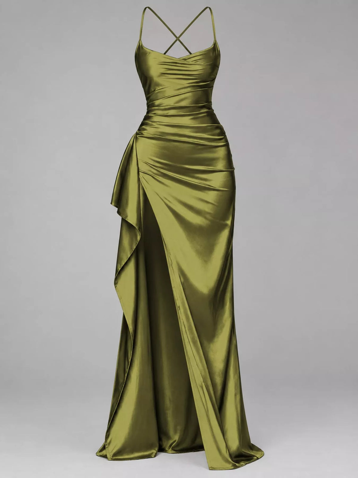 Olive satin ruched high slit maxi dress, front view
