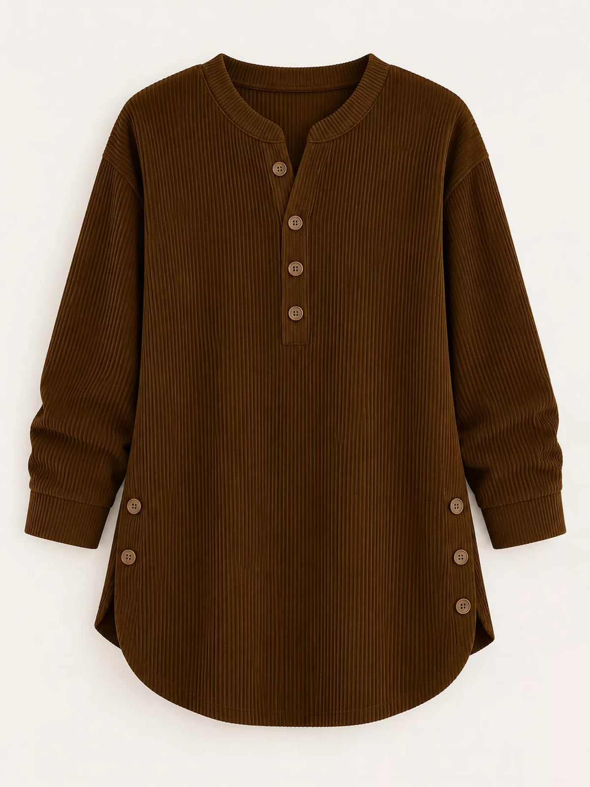 Brown button detail long sleeve top, front view