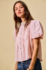 Trendsi SO ME Gingham Lace Trim Button Bubble Sleeves Blouse -