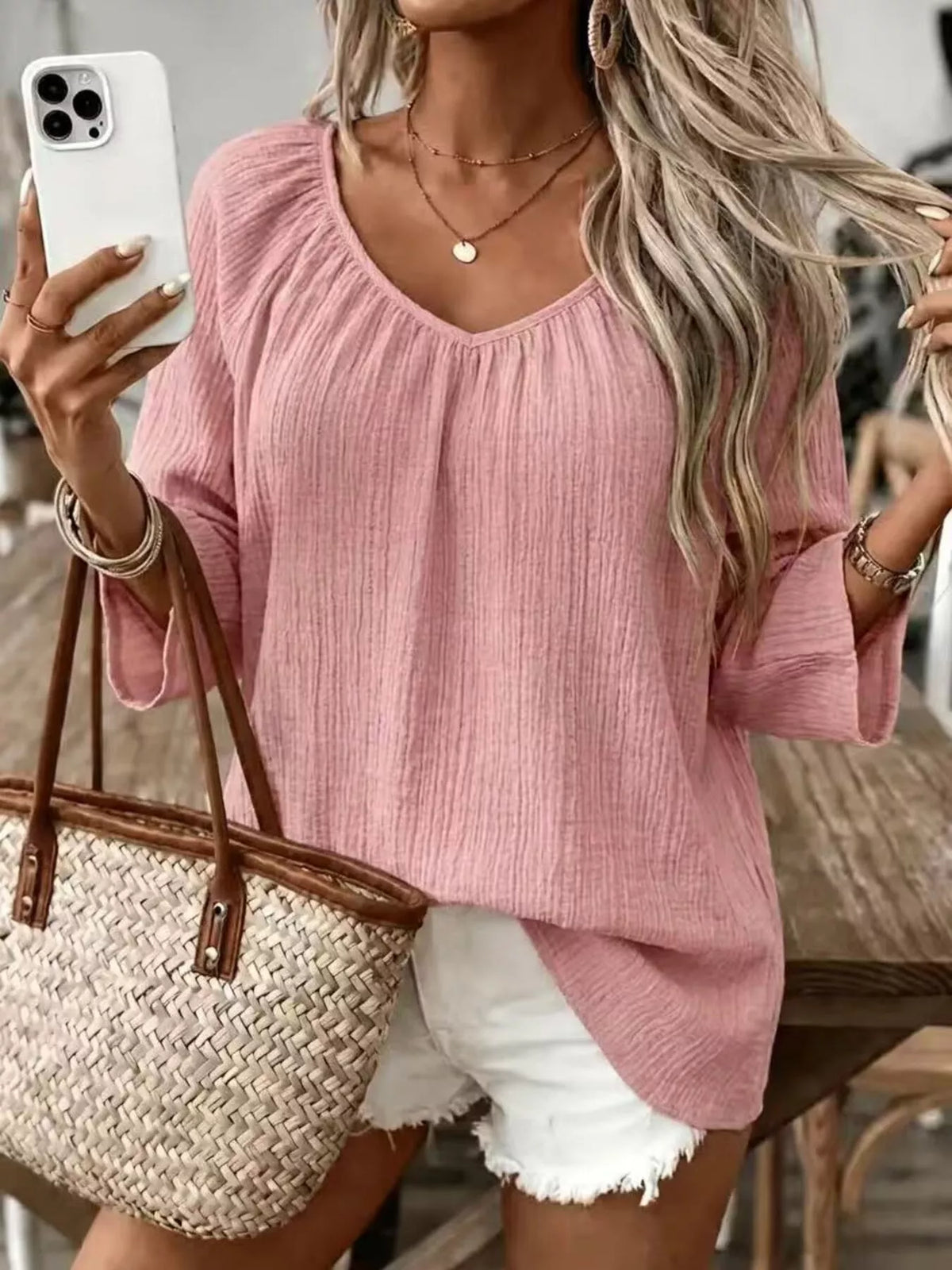 Textured V-Neck Casual T-Shirt, front view