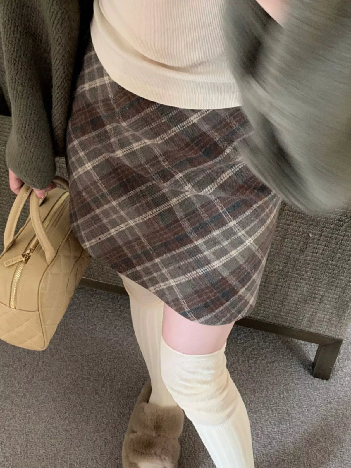 Coffee vintage plaid a-line mini skirt