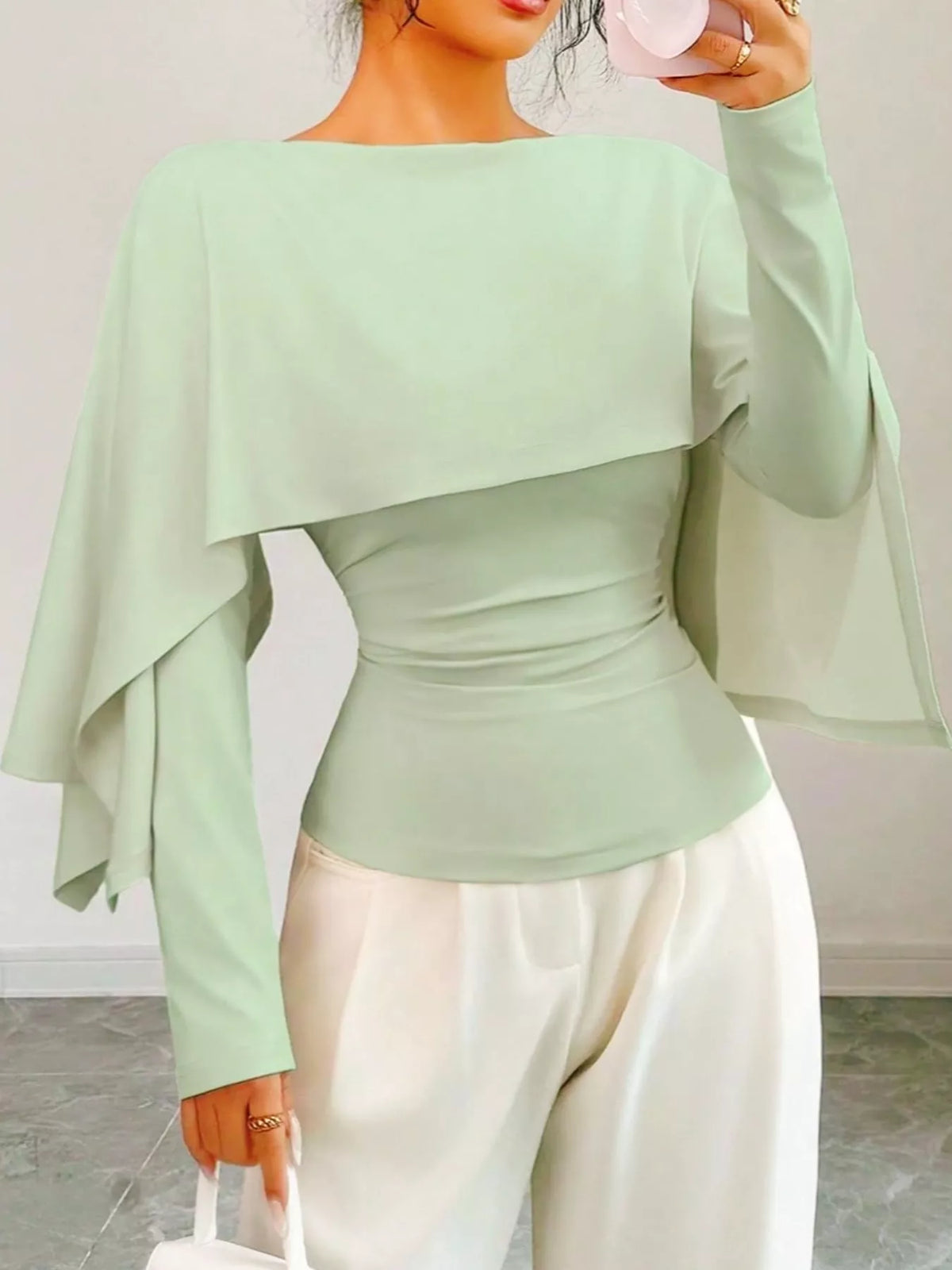 Layered Cape-Style Blouse with Slim-Fit Bodice — front view