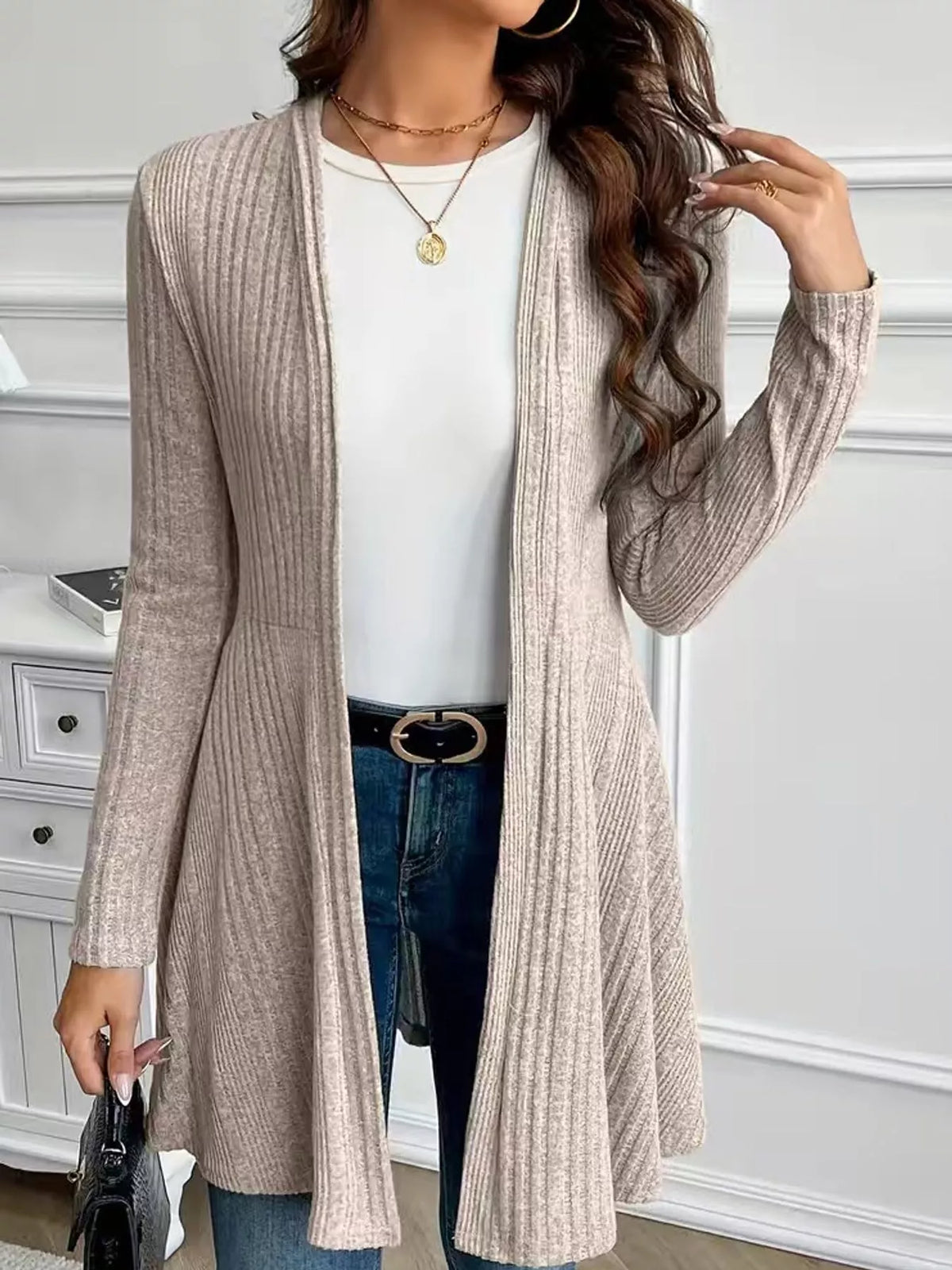 Apricot ribbed knit open front cardigan
