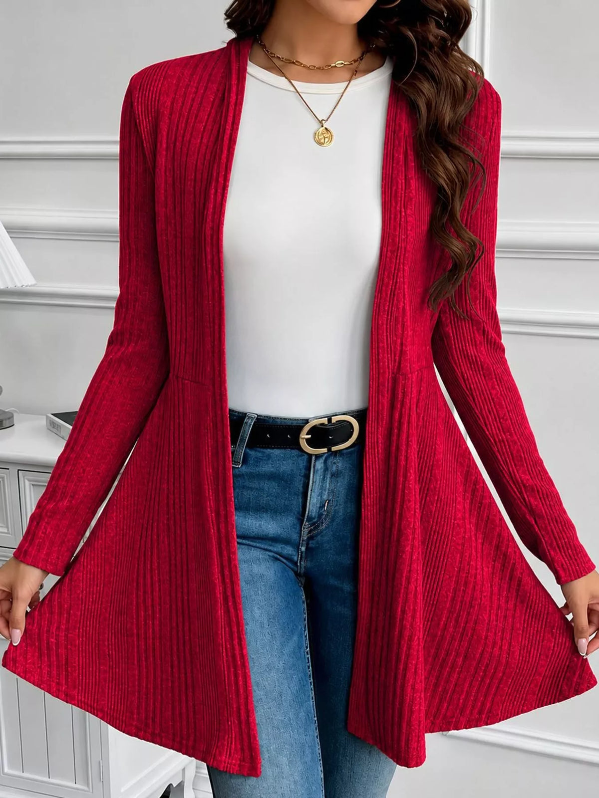 Red ribbed knit open front cardigan