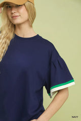 Trendsi Umgee Contrast Trim Bell Sleeve Top -