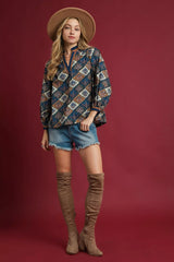 Trendsi Umgee Abstract Print Ruffle Neck Top -