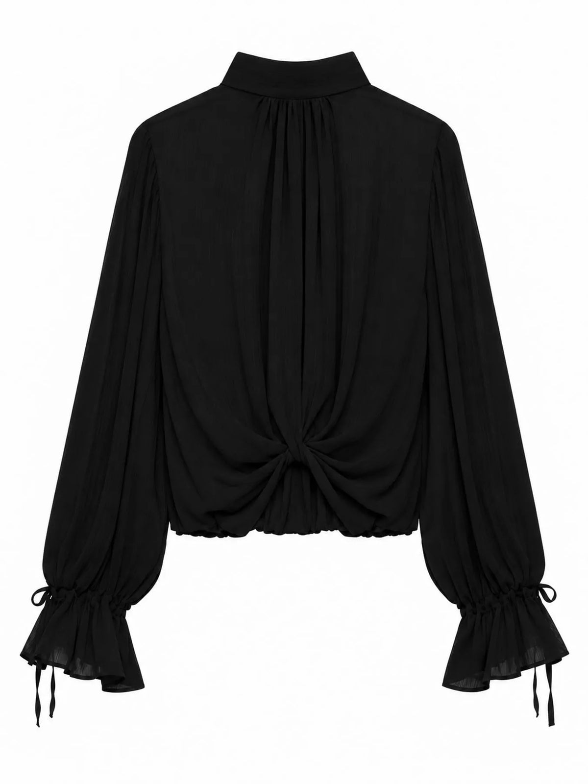 Black bow-tie neck flounce sleeve blouse, back view
