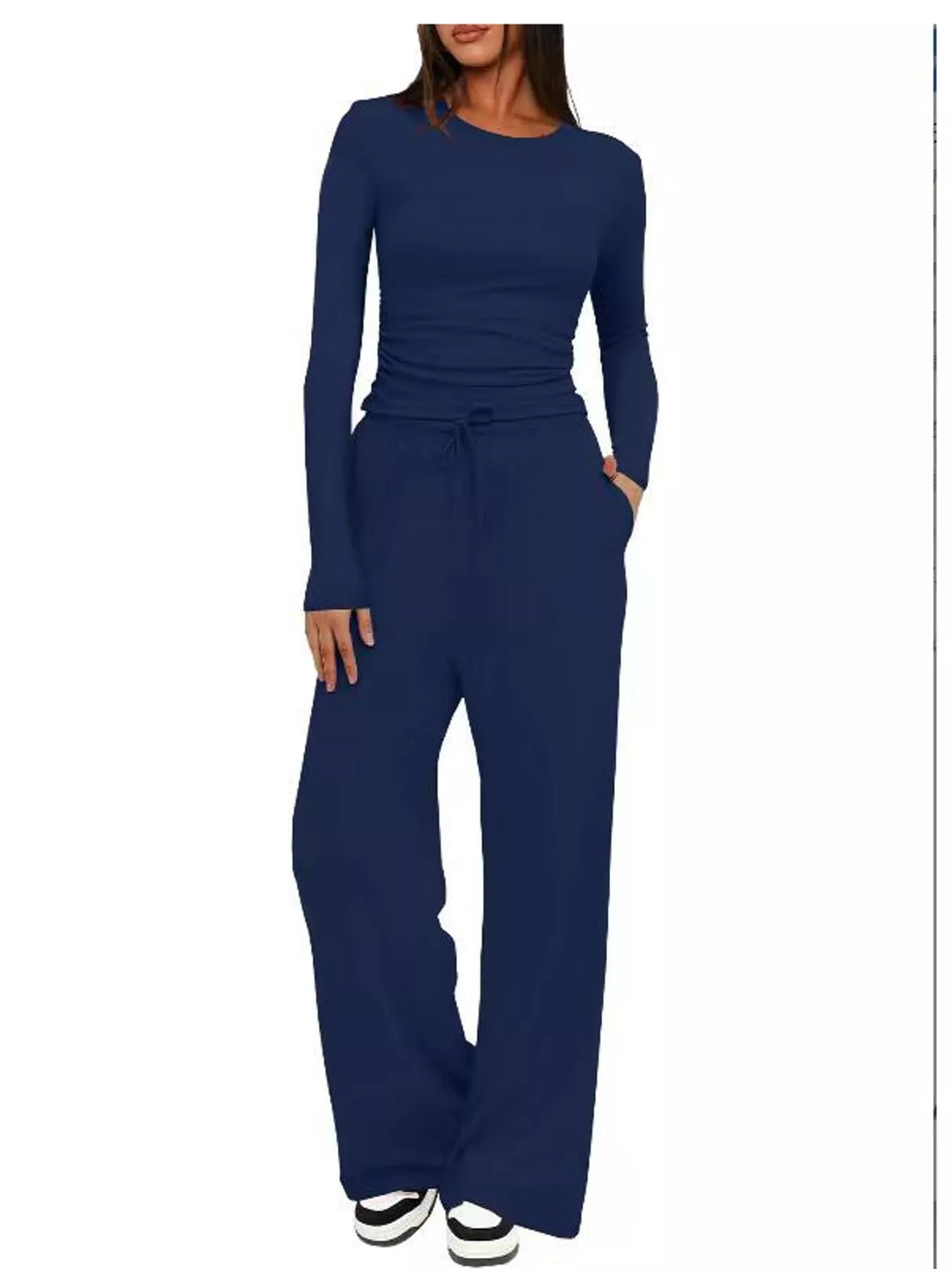 Long Sleeve Ruched Top and Wide-Leg Drawstring Pants Set — front view