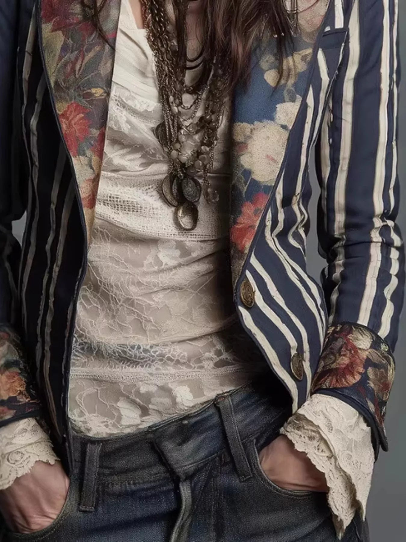 Trendsi Striped Floral Contrast Slim Fit Blazer -
