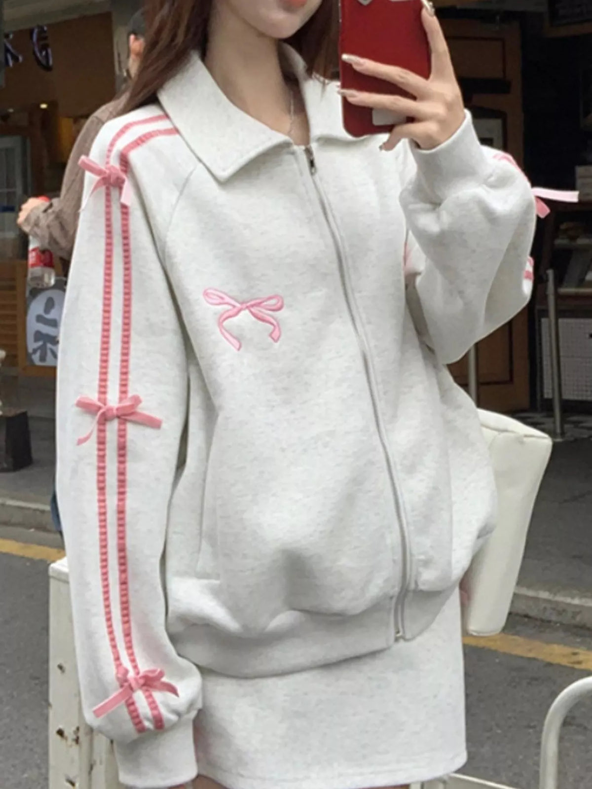 White Gray bow embroidered zip-up sweatshirt