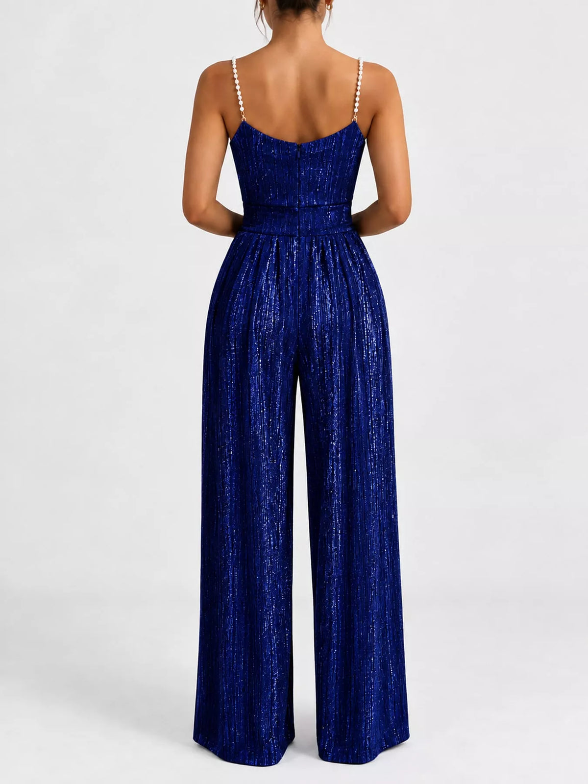 Metallic Wide-Leg Jumpsuit with Pearl Strap Detail, back view in blue