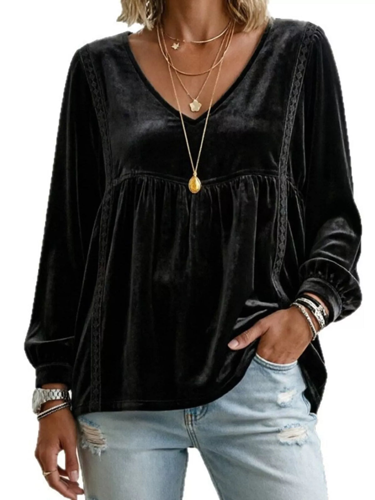Women's V-Neck Long-Sleeve Velvet Blouse with Lace Trim — alternate view 12