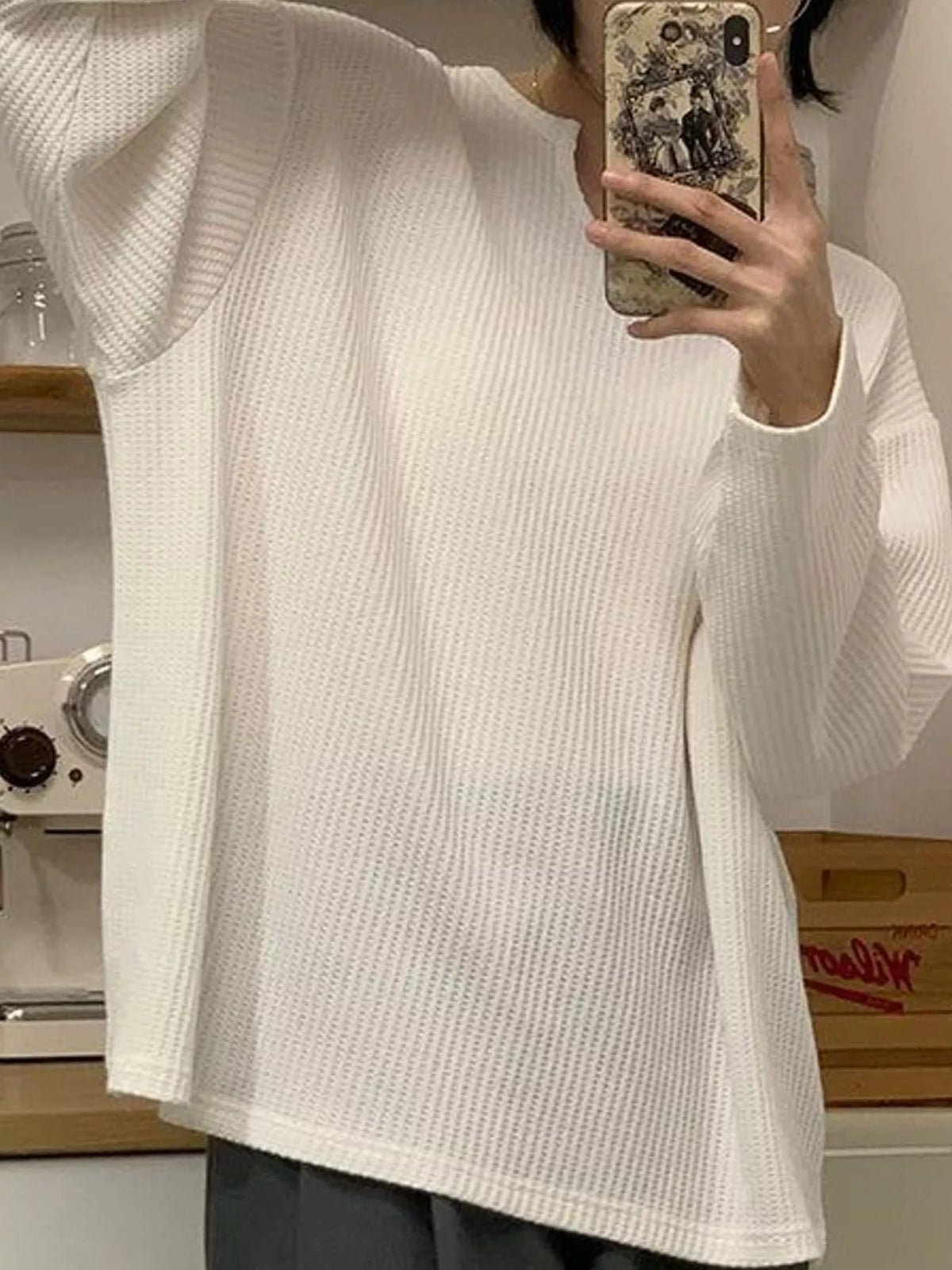 Split-Neck Waffle Knit Long Sleeve T-Shirt — front view