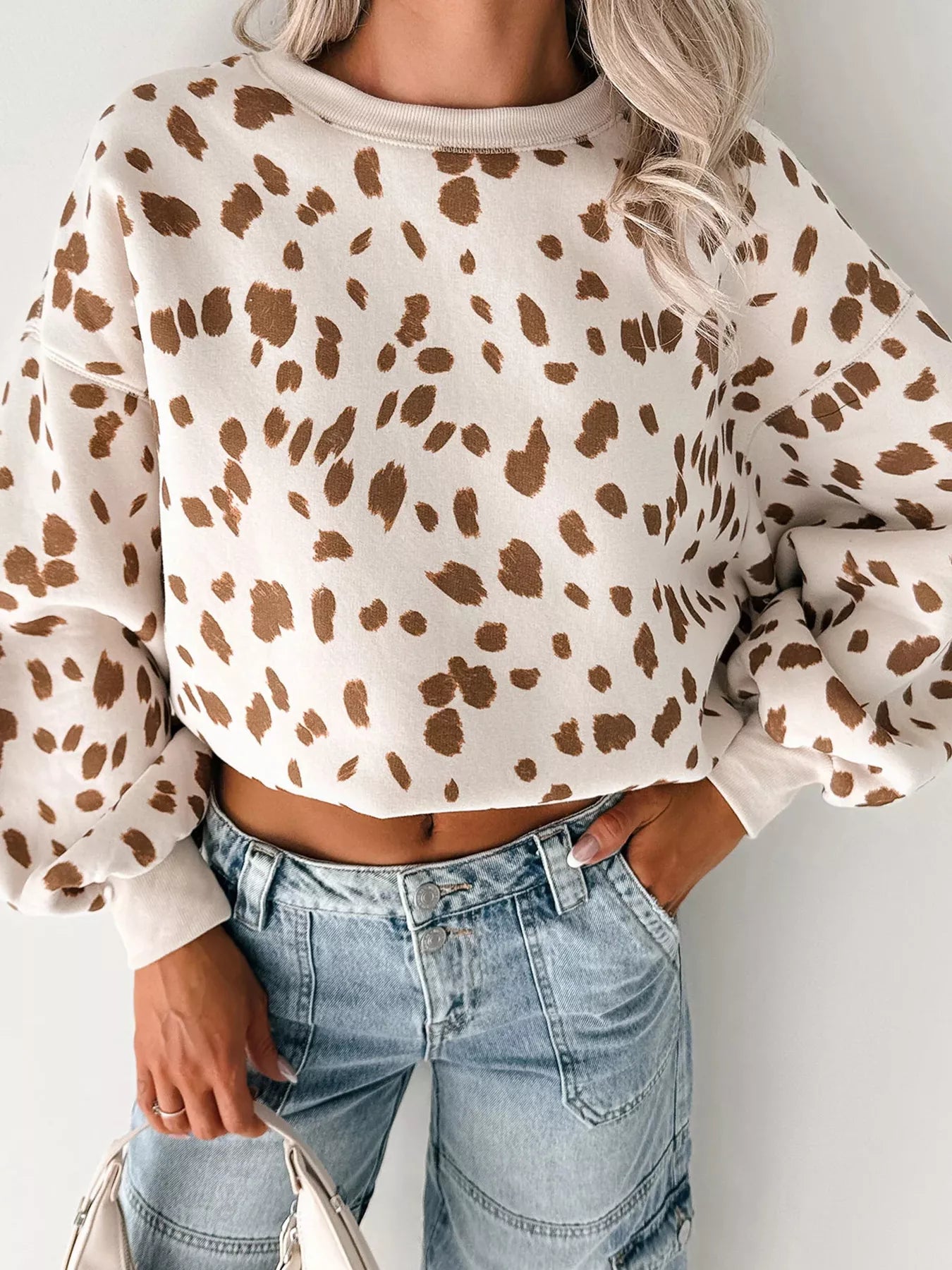 Trendsi Leopard Print Dropped Shoulder Round Neck Casual Sweatshirt -