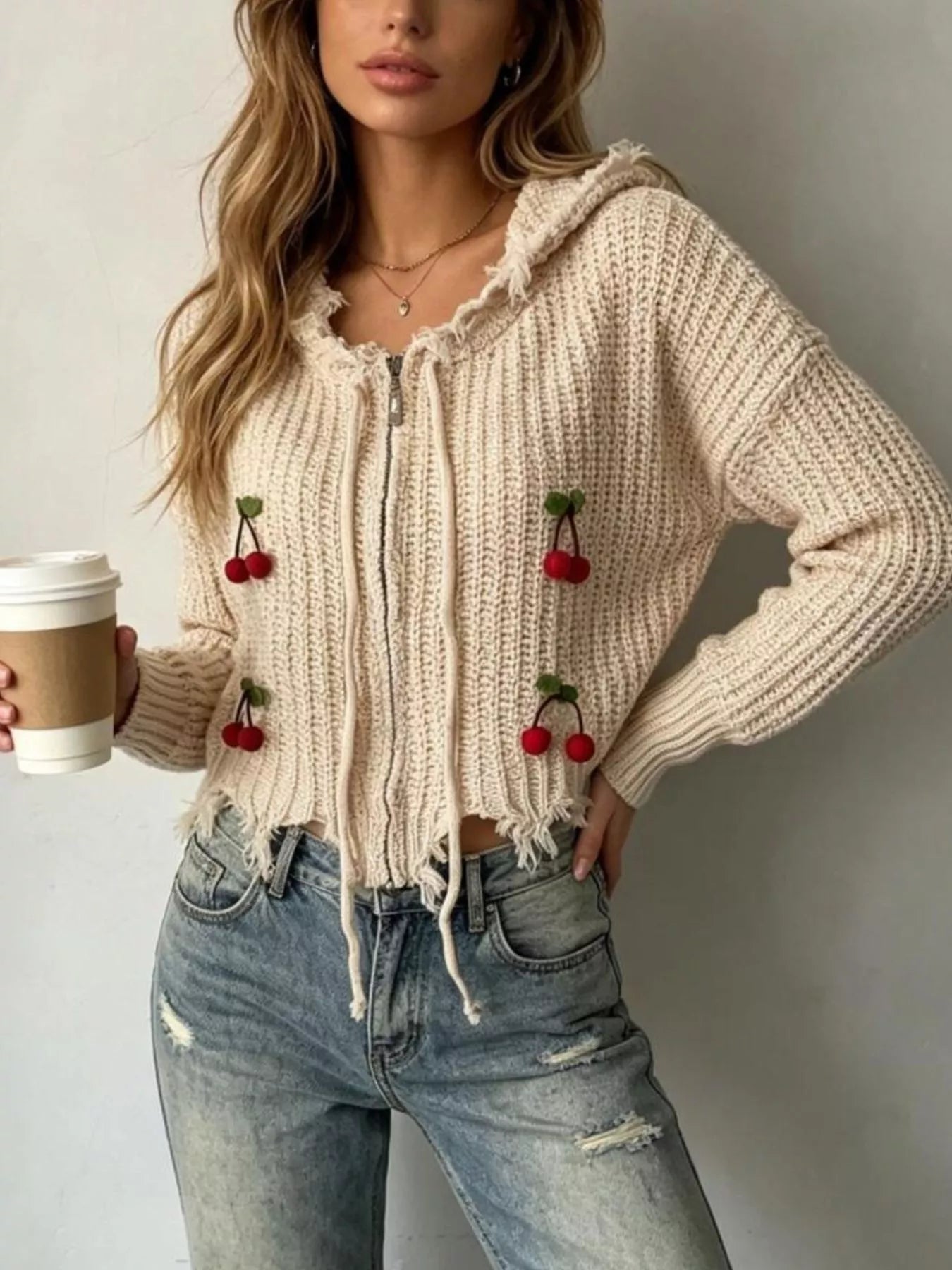 Trendsi Cherry Knit Zip-Up Hooded Sweater -