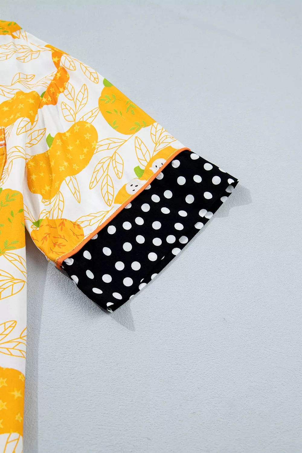 Trendsi Short Sleeve Pumpkin Print Polka Dot Trim Pocket Placket Lounge Set -