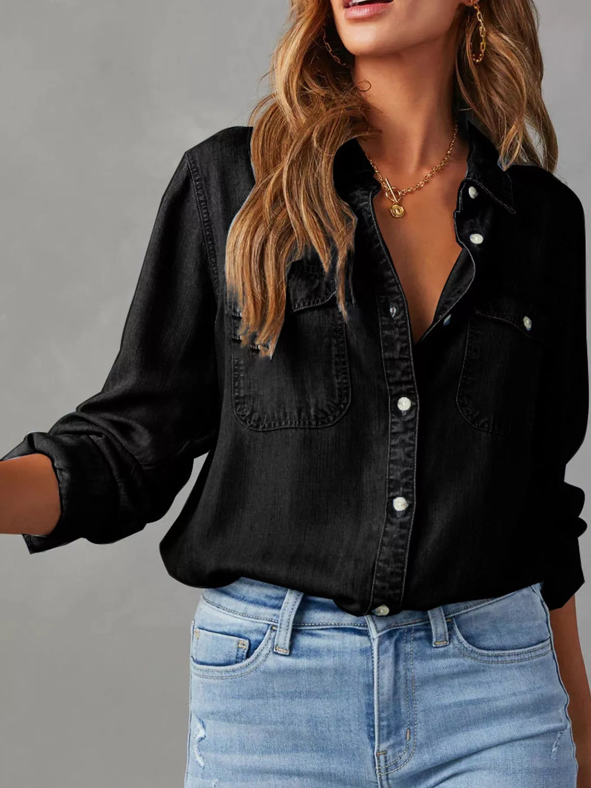 Black button-down denim shirt