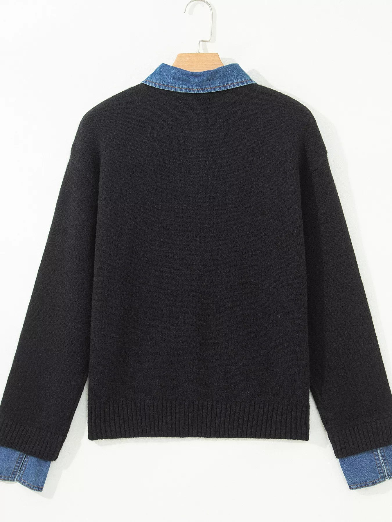 Trendsi Denim Patchwork Collar Cuffed Casual Sweater -