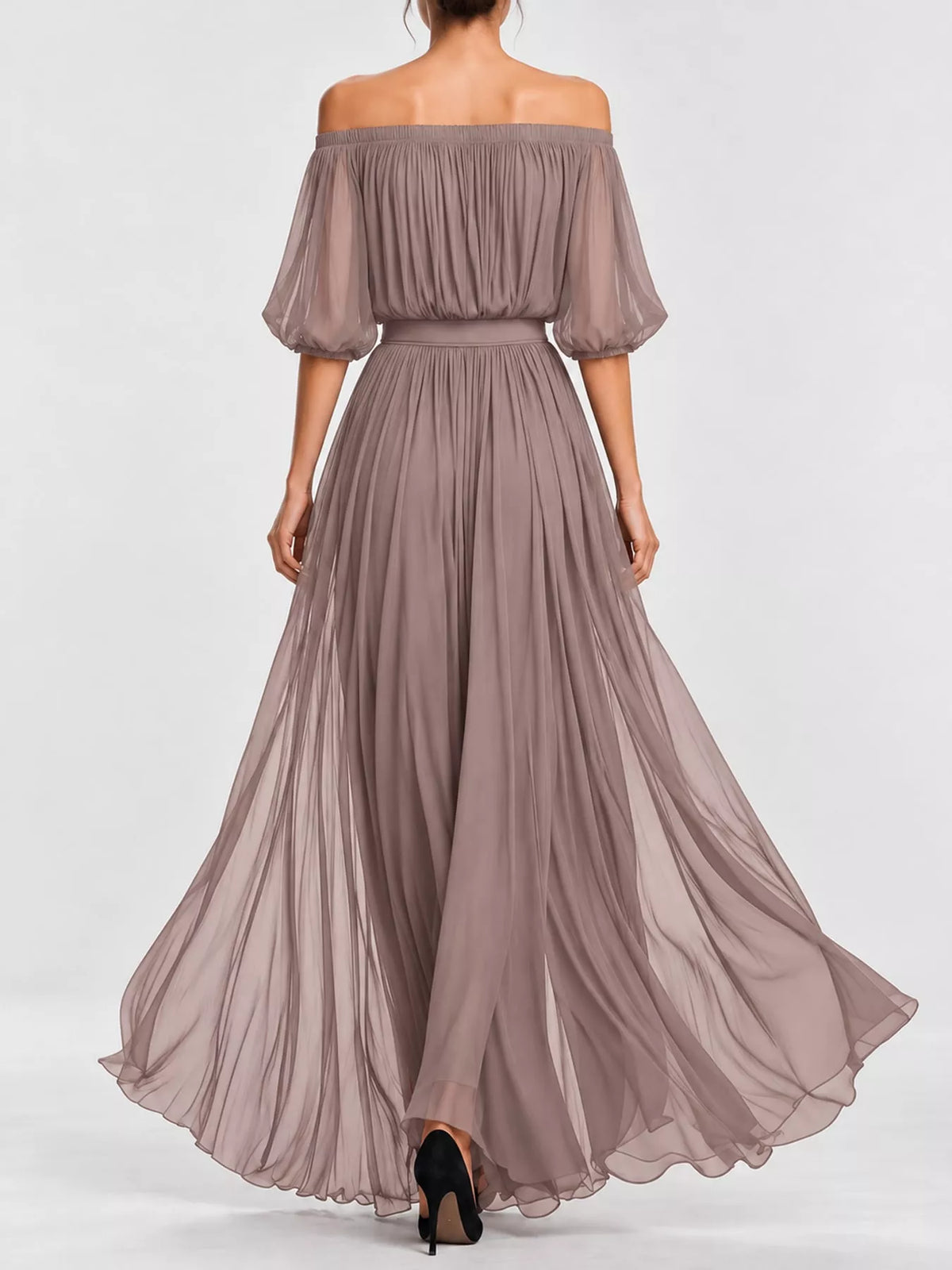 Taupe off shoulder ruched chiffon maxi dress, back view