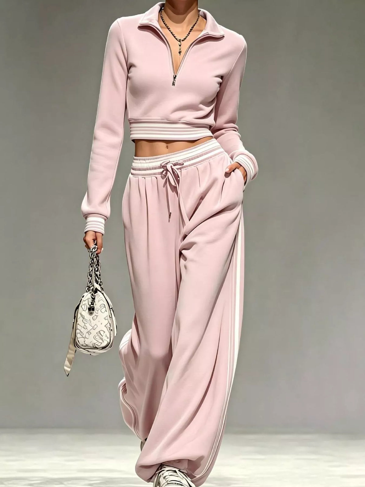 Pink half-zip crop top and pants set, full front view