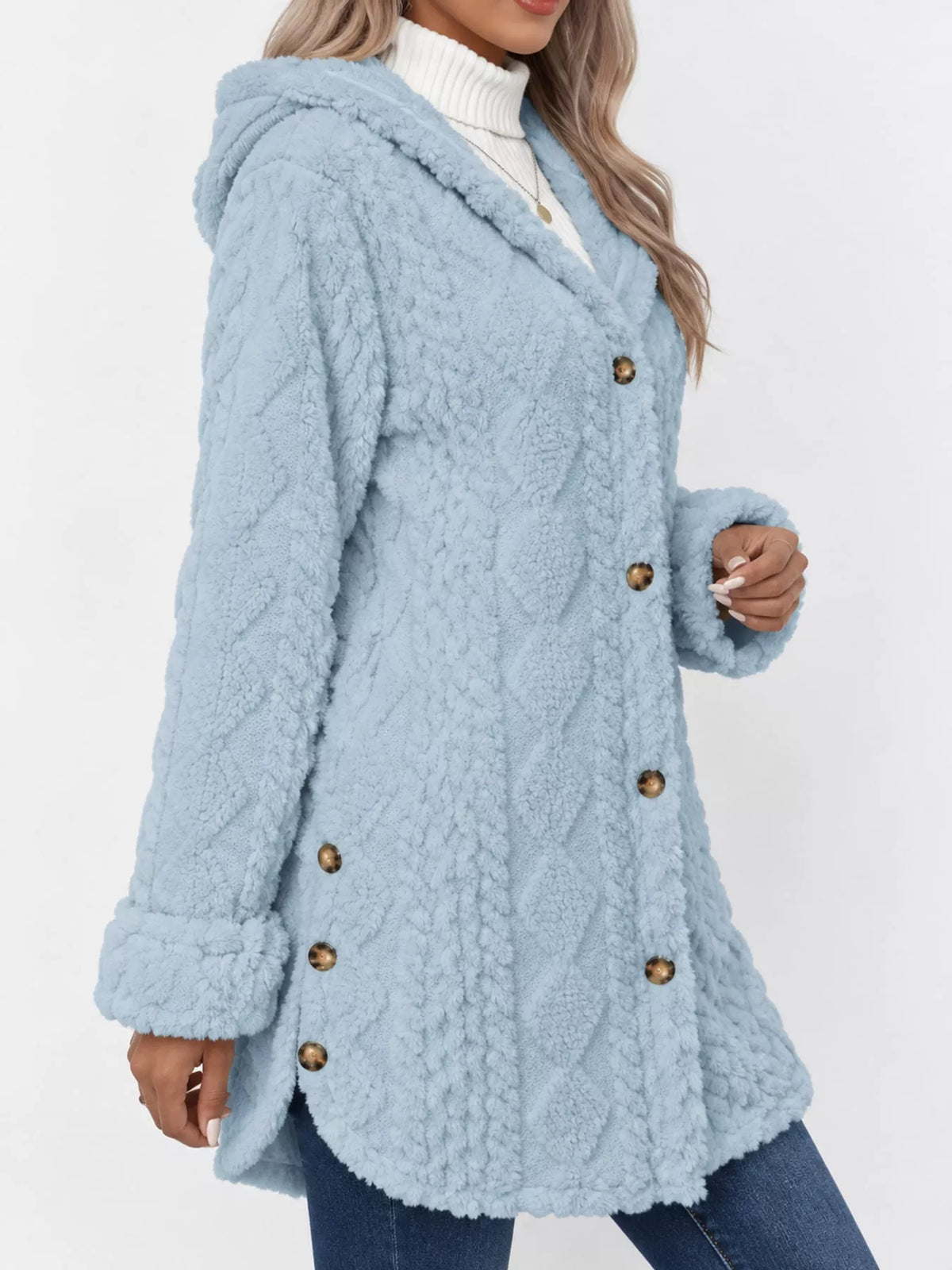 Gray cable knit faux fur hooded jacket