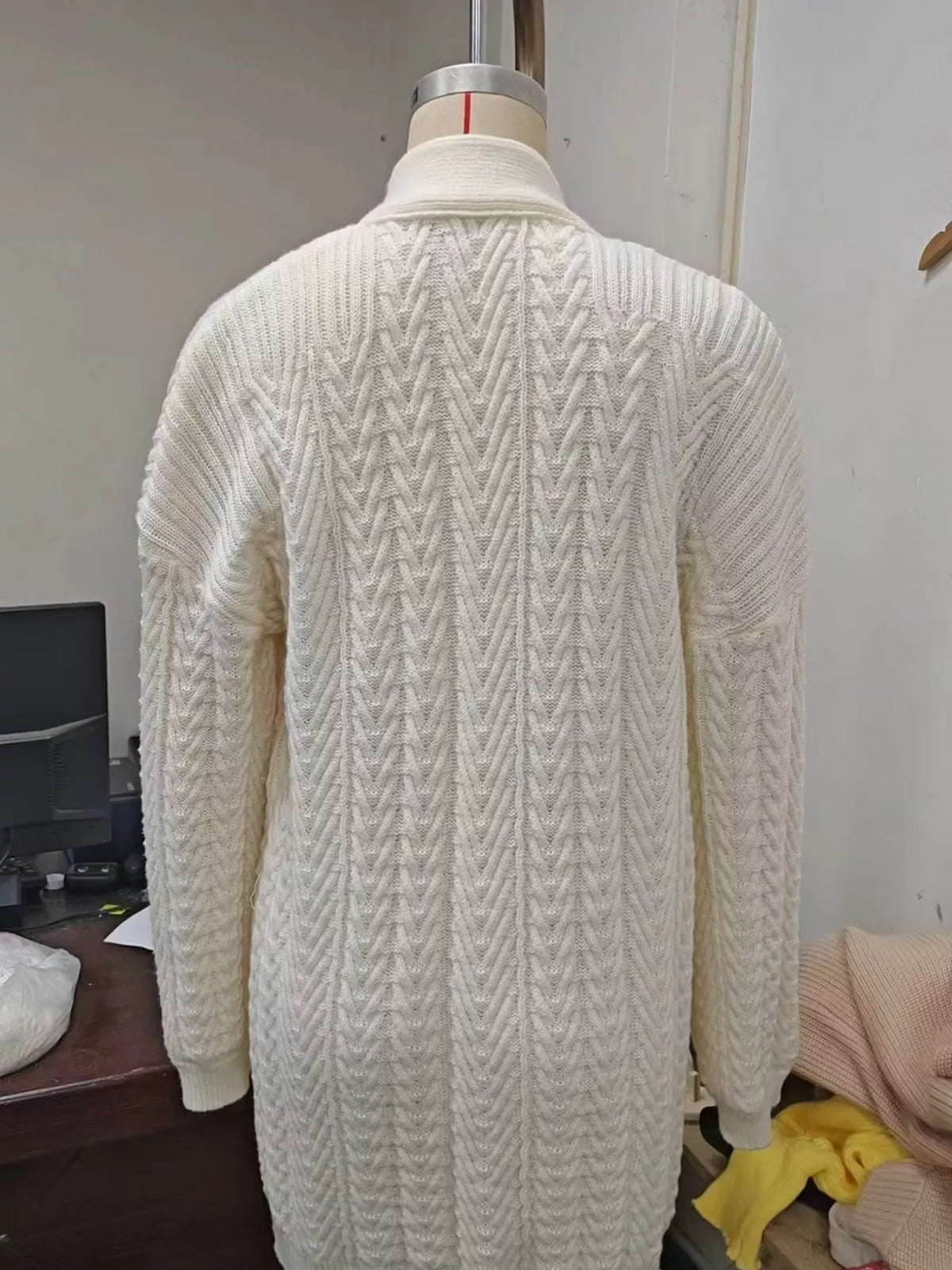 Round neck long sleeve cardigan, back view