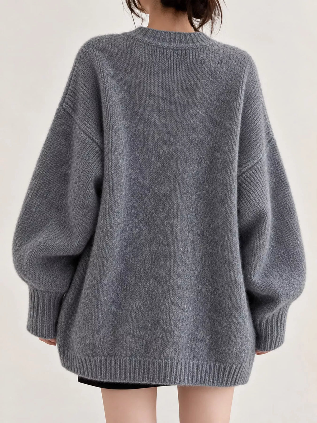 Open Front Dropped Shoulder Cardigan, back view in gray
